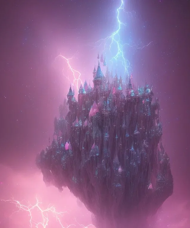 ciel étoilé,petit chateau féerique rose et bleu, haut dans les brumes céleste, très fin lumineux, éclaire magnique dans le ciel, fantastique, divin élegan, tendance sur artstation, rendu houdini, magascans, trainée d'étoile roses et bleues