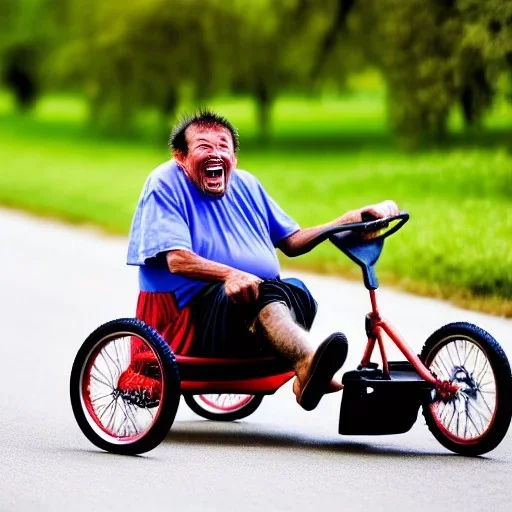 a mentally ill man with a few teeth, riding a tricycle