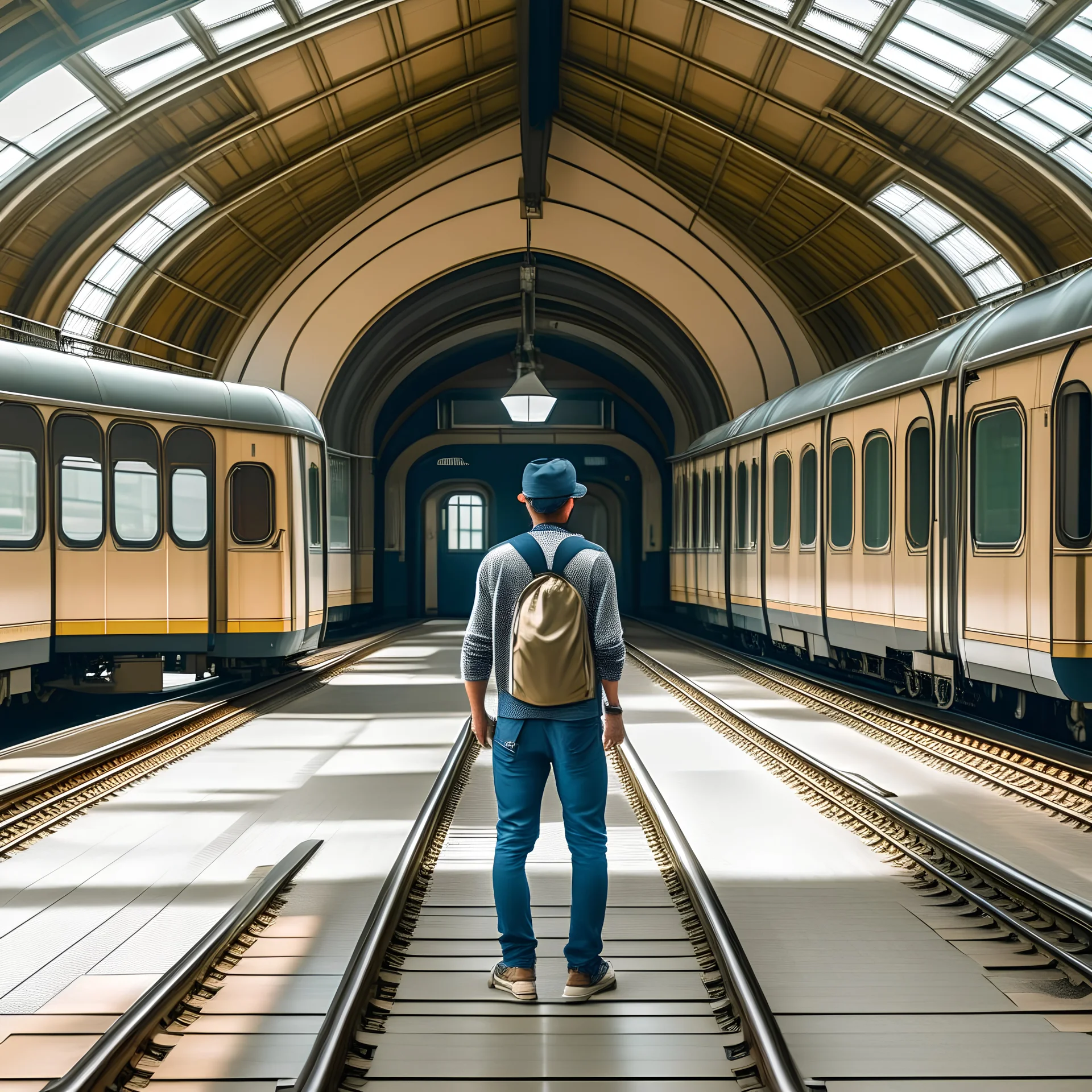 man at the door of a train in a beautiful train station