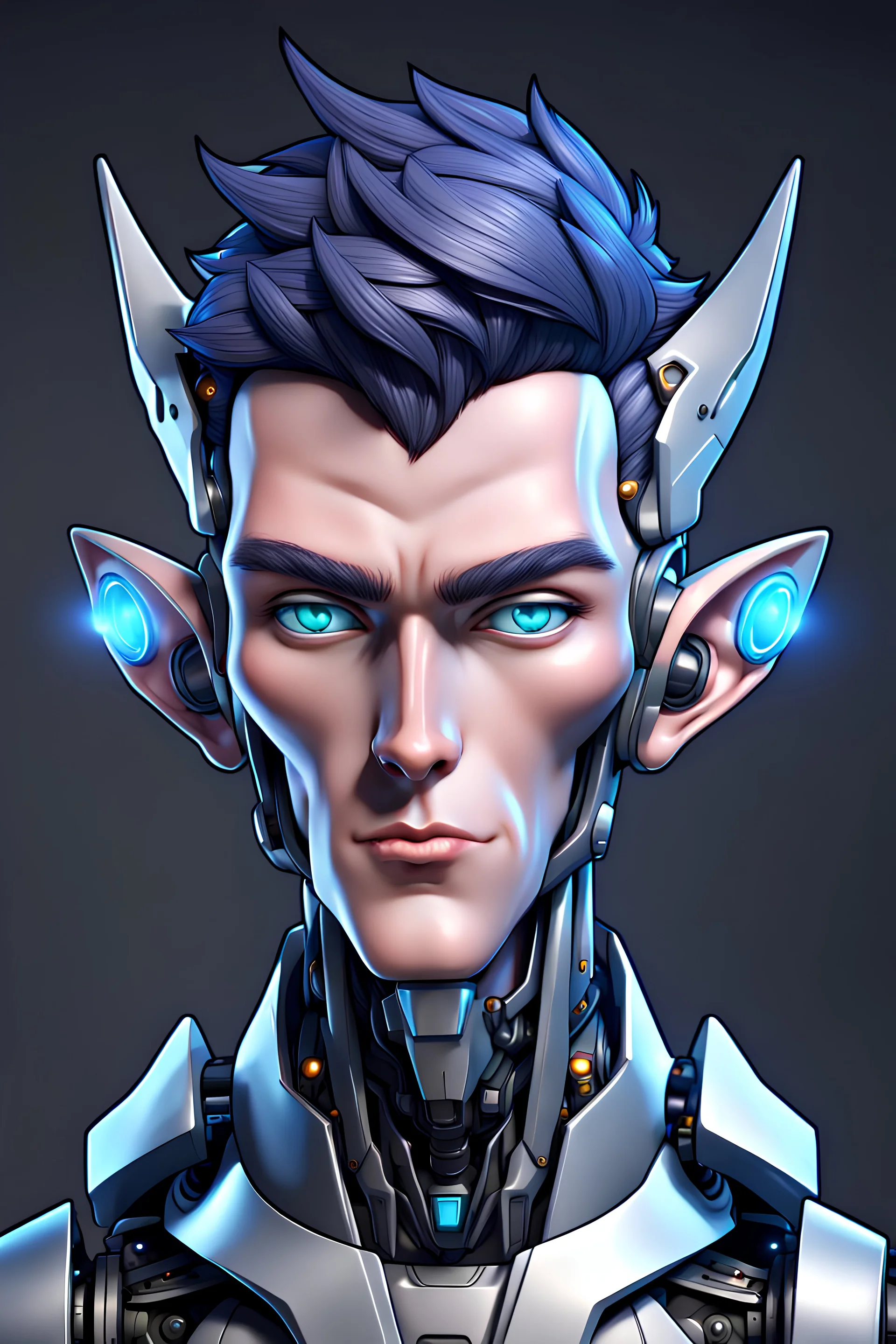 Cartoon and male robot with elf ears, portrait, anime style, 8K resolution, high quality, ultra graphics, and detailed with lines.