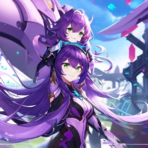 Clear focus,High resolution,High quality, Smiling, Purple long fluffy hair, Green eyes, Wearing a pink mech uniform, Honkai Impact Star Rail