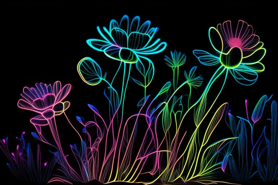 black background, outlines of a holographic flower garden drawn from thin neon-coloured glowing lines