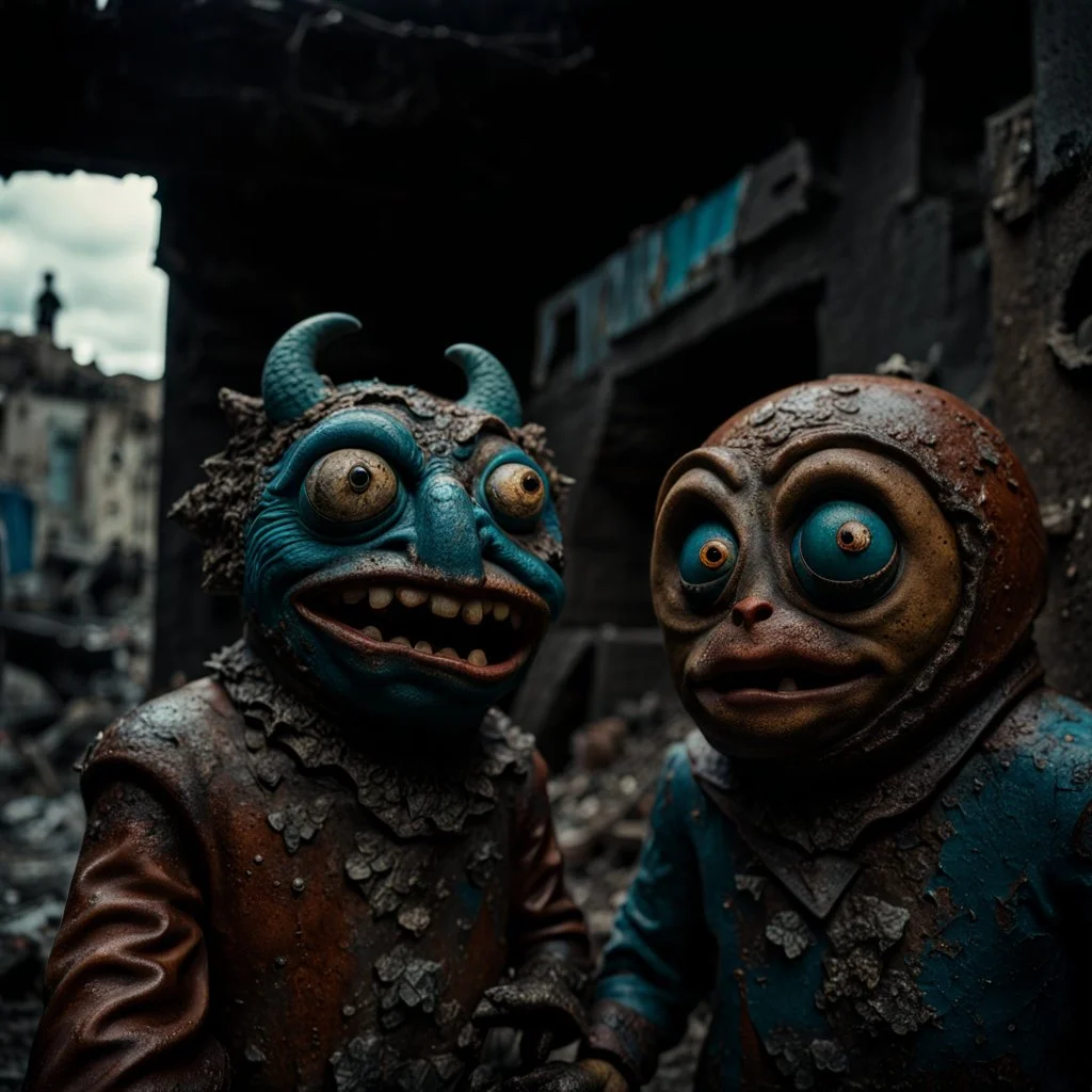 Close-up of ultra realistic stupid monsters in a ruined city after a war, vivid, ultra realistic, mud, Max Ernst, hypermaximalist figures, light, Italian 1970's odd movie, hilarious, fine art, Minicavio Quollati style, photography by Marlost Endgulp, dark atmosphere, obsessive, 4k, sharp focus, 3d, photorealism