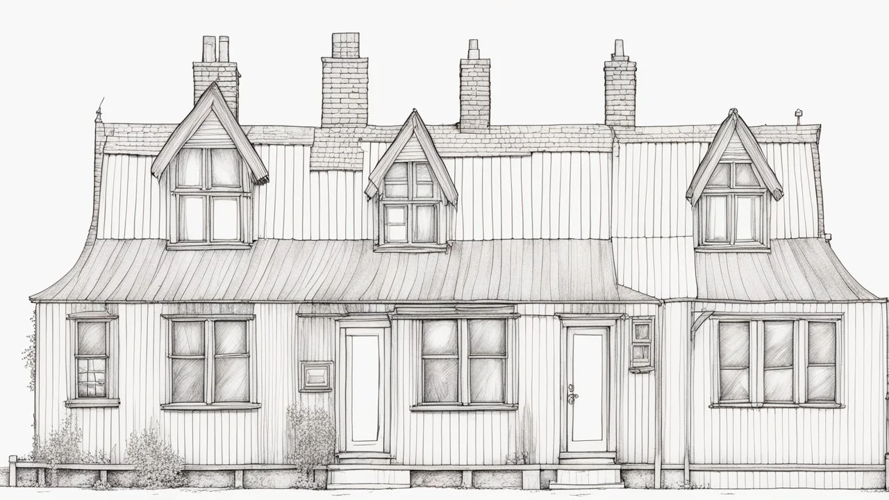 A front elevation fine line drawing of a row of ramshackle fantasy cottages.