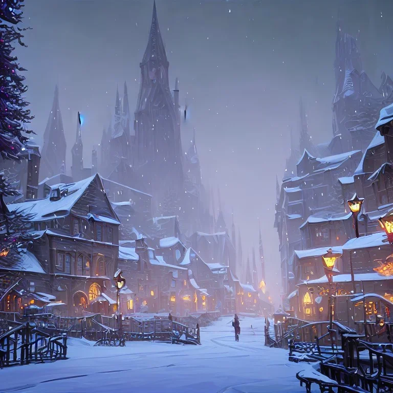 A magical snowy warlock gothic town with river canals with Christmas trees