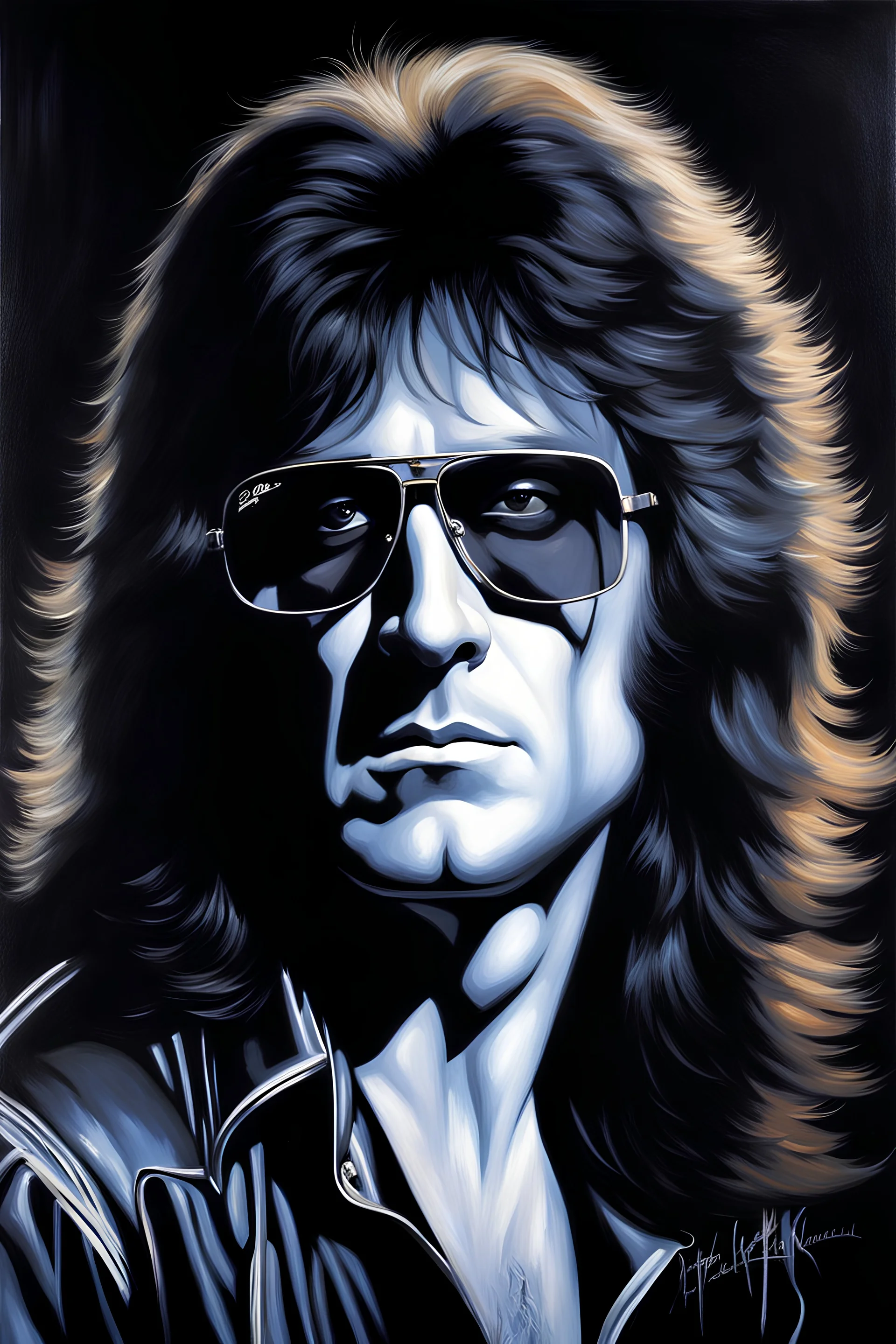 Head and shoulders image - oil painting by Scott Kendall - pitch Black solo record album with emerald glowing in tips of hair - 30-year-old Peter Criss (Drummer) with shoulder length, wavy, straight black and gray hair, with his face made up to look like a cat's face - in the art style of Boris Vallejo, Frank Frazetta, Julie bell, Caravaggio, Rembrandt, Michelangelo, Picasso, Gilbert Stuart, Gerald Brom, Thomas Kinkade, Neal Adams, Jim Lee, Sanjulian, Thomas Kinkade, Jim Lee, Alex Ross,