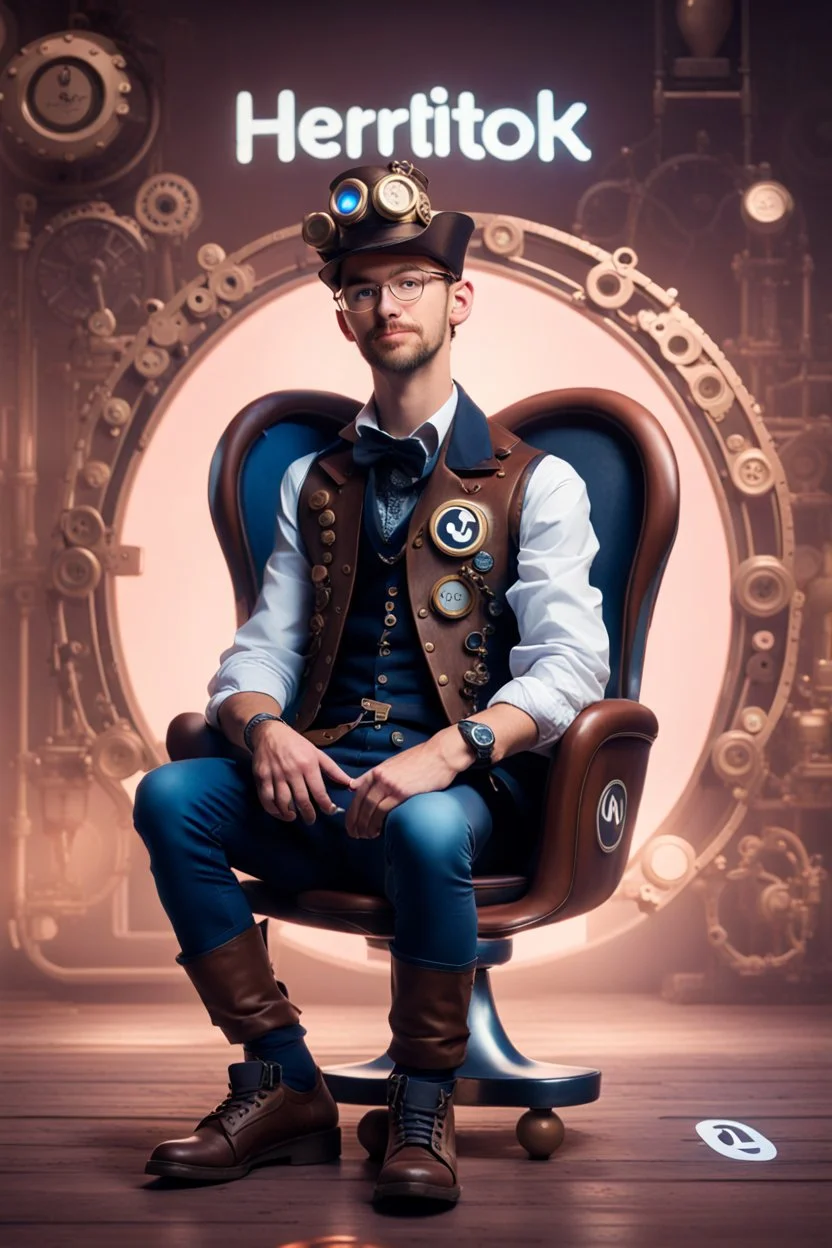 create Disny Pixar photo of a man sitting on a logo chair of a social media logo wearing Steampunk clothes. The background is mockup of hertiktok profile page with a profile name and a profile picture same as character. soft reflection on the ground