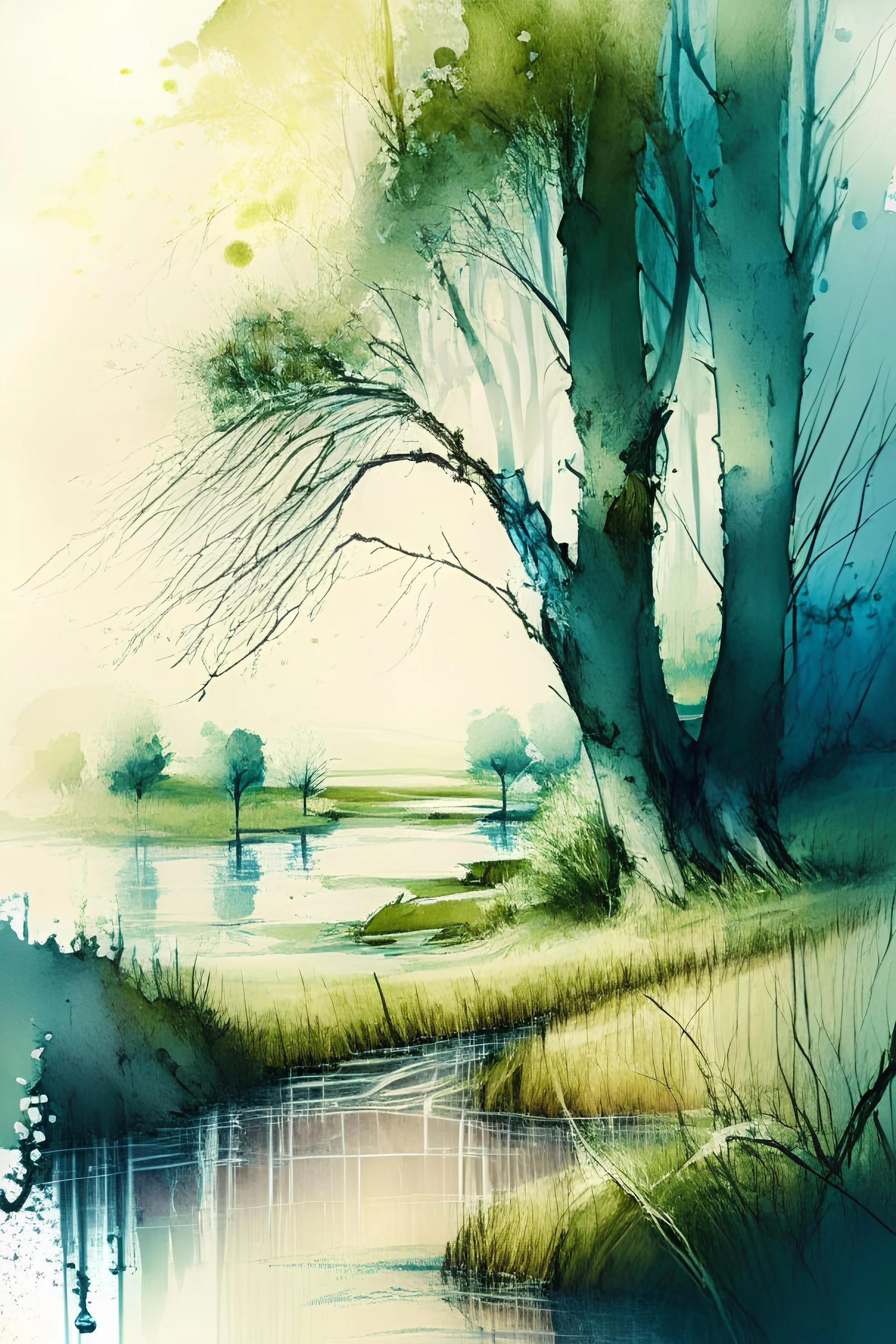 Landscape of a stream flowing along a meadow with ancient trees, watercolor, abstract, digital art