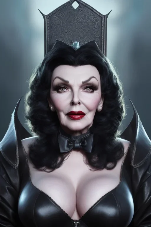 Joan Collins as evil queen in black leather, leather, busty, cleavage, angry, stern look. character design by cory loftis, fenghua zhong, ryohei hase, ismail inceoglu and ruan jia. unreal engine 5, artistic lighting, highly detailed, photorealistic, fantasy