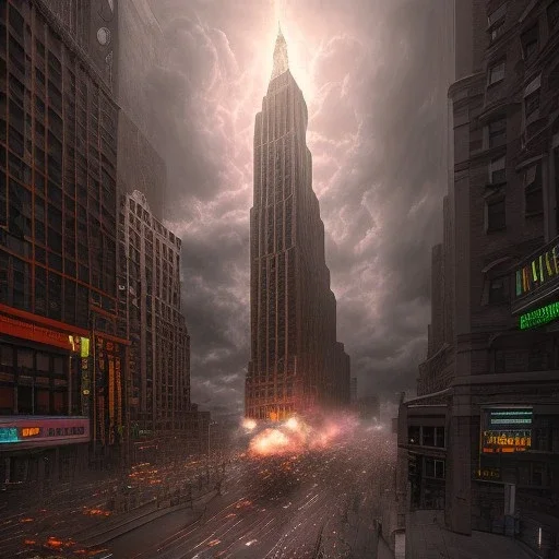 huge monster, destroying a building in downtown New York city, dramatic, dramatic lighting, volumetric lighting, hyperrealism, 8k, high quality, photorealistic, lot of details