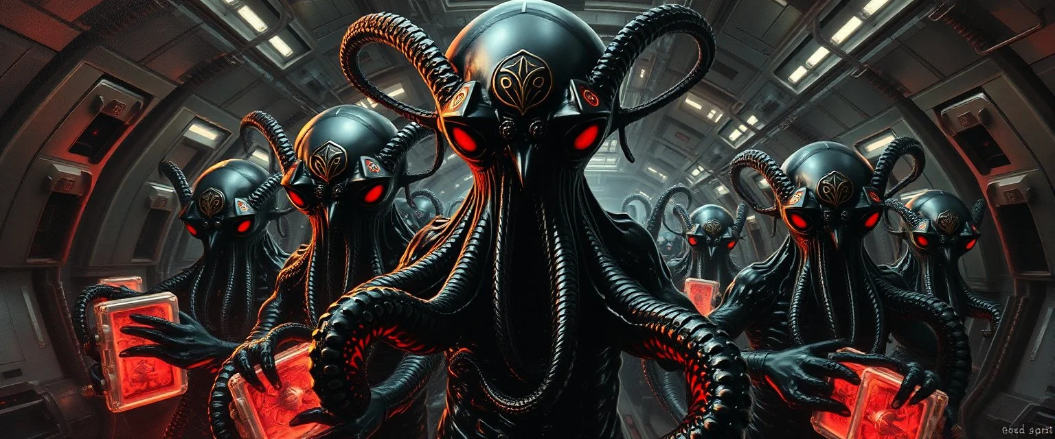 distorted master oil painting by Rembrandt, black glistening slimy octopus insectoid hypnotic Nephilim tribal ornamented insignia trauma watchers commando in spaceship with some scared humans in huge neon canisters, in the style of Giger, 3d anime