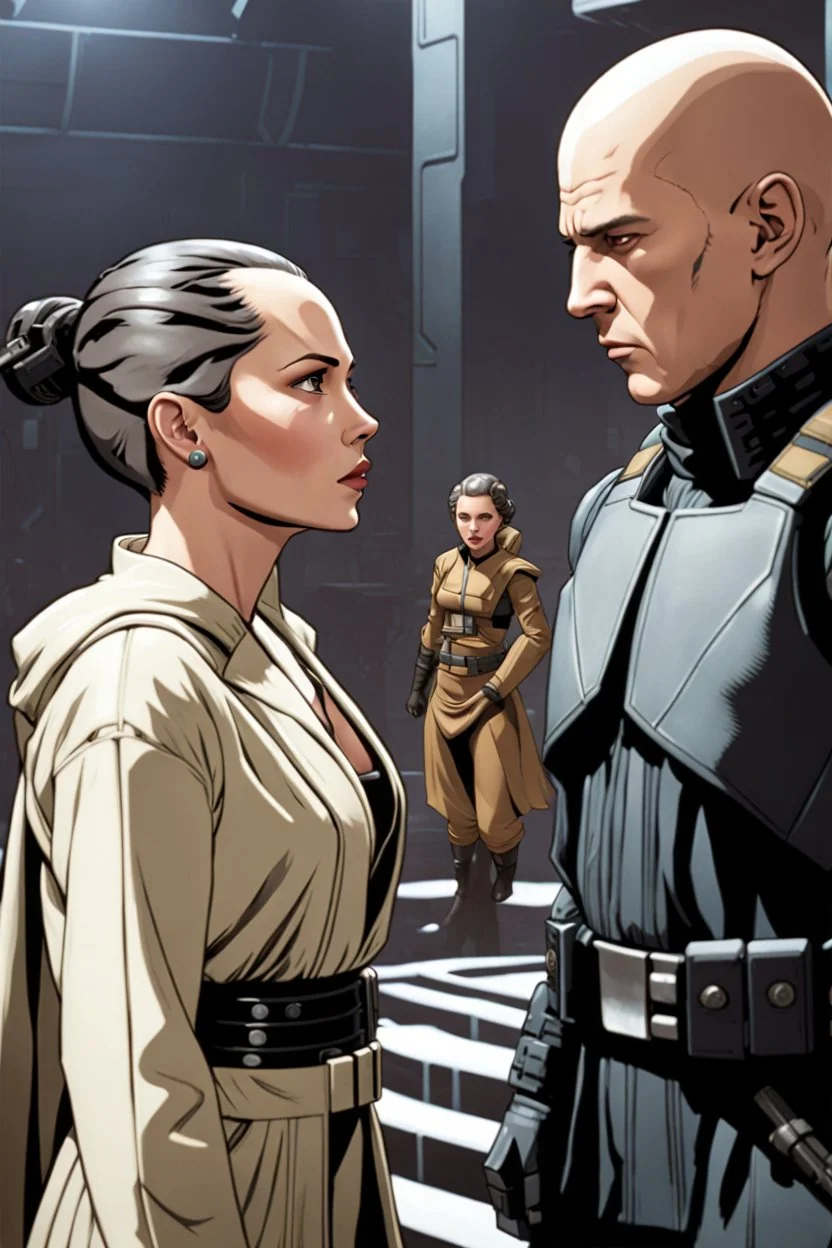 a bold and heroic bald male Corellian pilot in black and grey First Order special forces gear meets a female Jedi Master in ancient, mystical temple, hyperdetailed, dynamic lighting, hyperdetailed background, 8k resolution, volumetric lighting, light skin, fully symmetric details