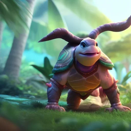 Cute turtle, league of legends, in the jungle, full detail, intricate detail, cinematic, 8 k, cel shaded, unreal engine, featured on artstation, pixiv, cartoon style