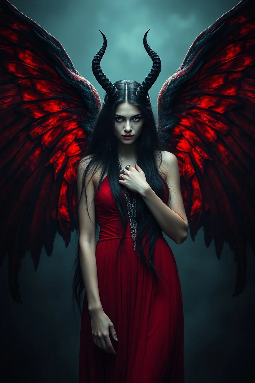 Daughter of Lilith, beautiful, wild woman, stunningly terrifying and powerful personality, black angel with wings in a red dress, long, dark hair with suggestive dark eyes, wonderful, erotic, ancient woman, a demonic woman who controls with her strength, power, sharp focus, high detailed, high realistic, master photo, pale lights, deep night, eerie atmosphere, gothic, dark mystic atmosphere, stunning, masterpeace, cinematic,