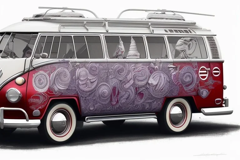 a true-to-life 1950 Volkswagen T1, classic wheels, two-color paint, centered, intricate, extreme detailed, photorealism, center view, stylized random background, pivot on volkswagen, pen and color marker painting by cheryl kelley