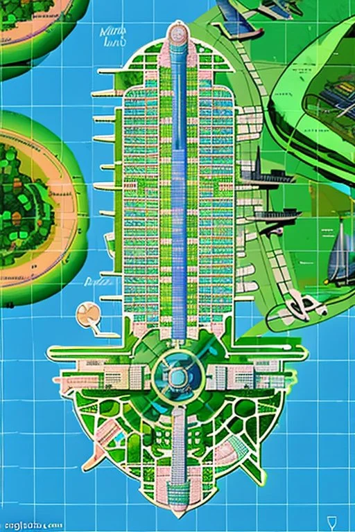 high detail map of an entire tropical dystopian small capital city