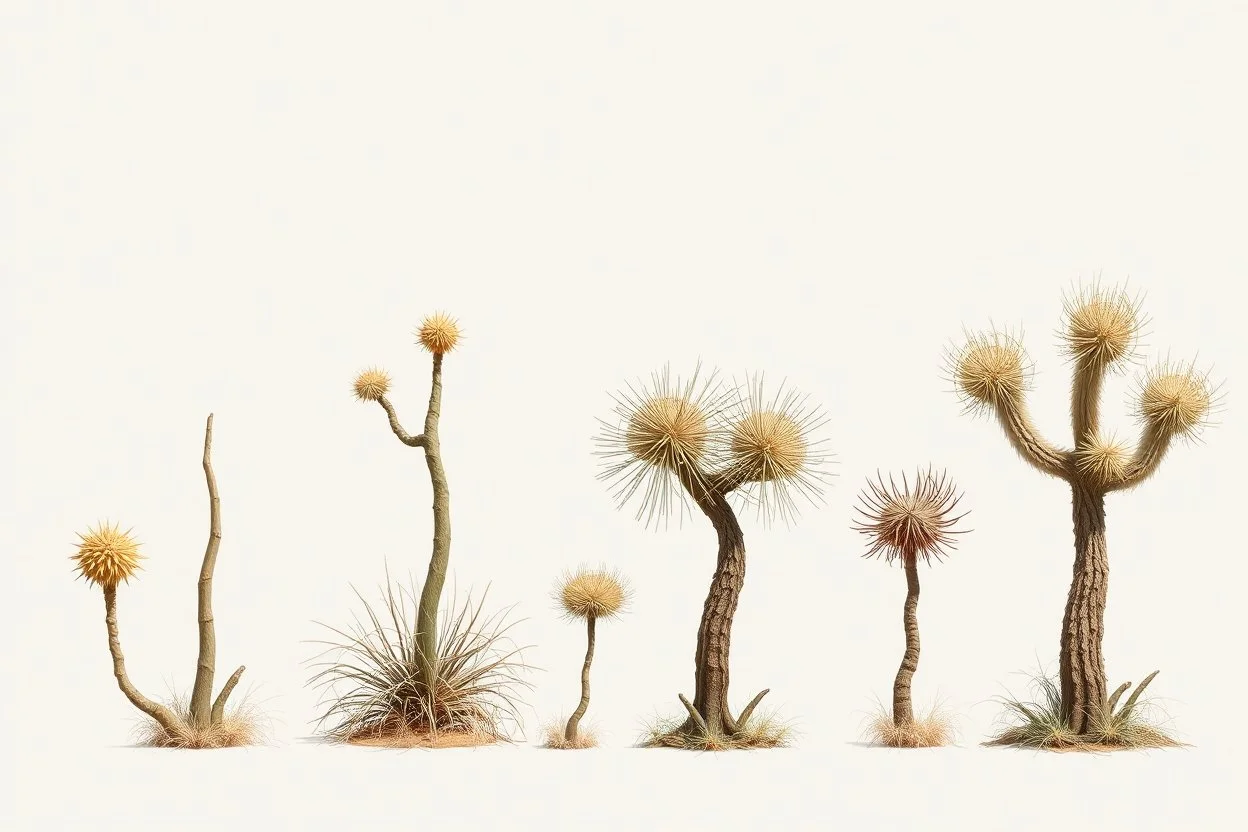 "Isolated concept art of multiple types of alien tree plant on a plain neutral background. Designed for Desert biome – dry, spiky, brittle grass with sharp edges, thorn-like blades, and pale dusty colors