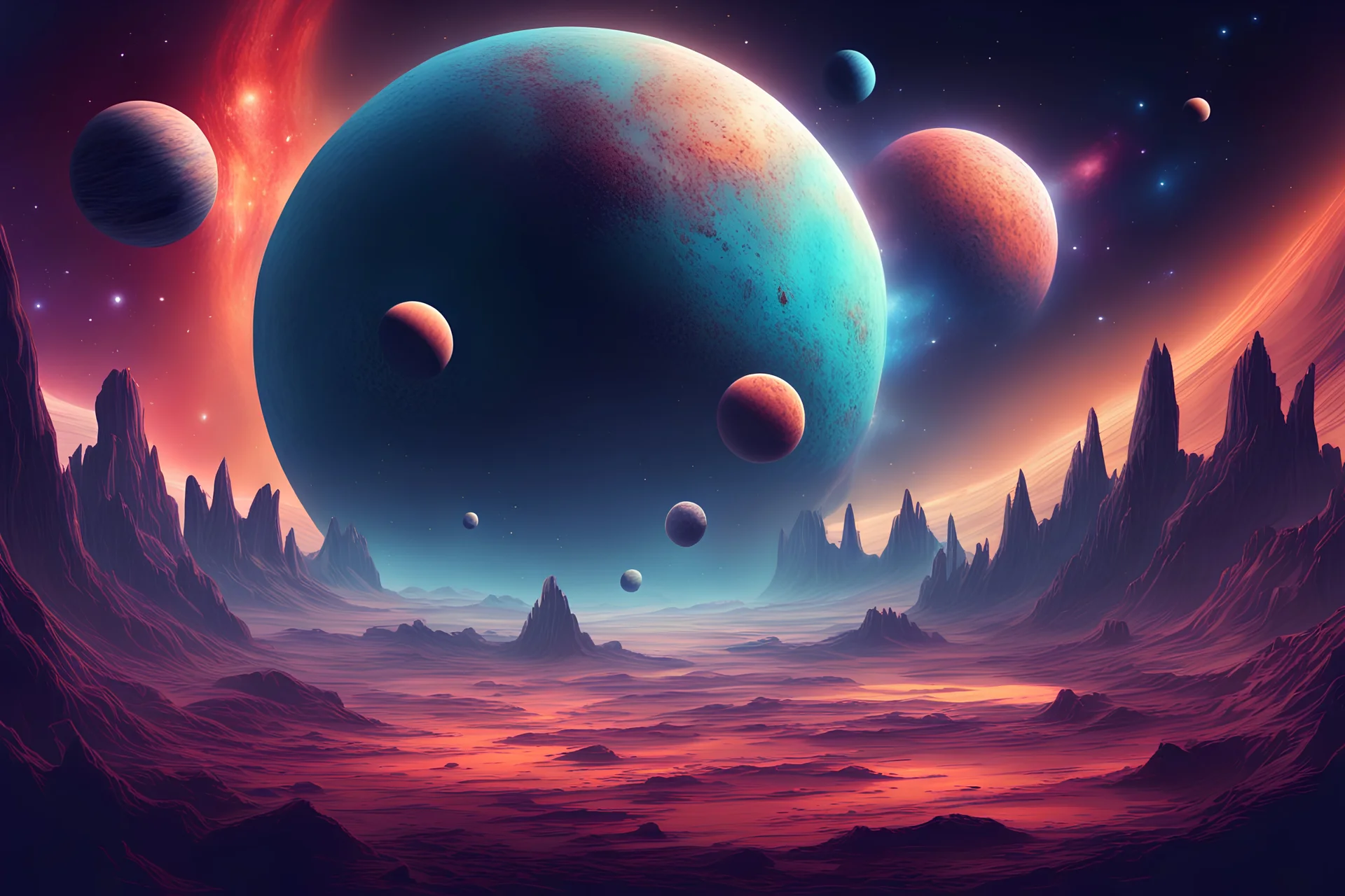 Cosmic planet landscape illustration.