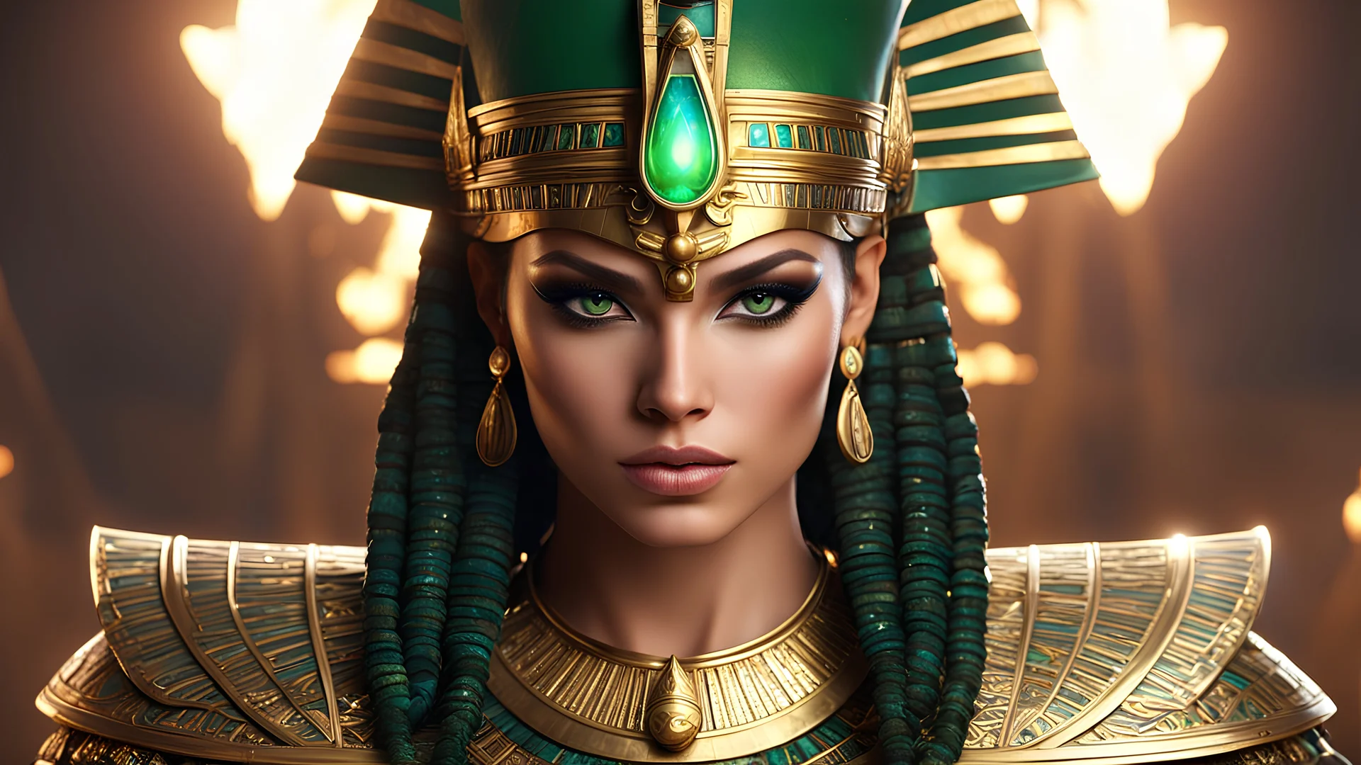 Egyptian Pharaoh warrior, background animated fire, pyramids, eyes blinking, white skin, attractive, ornate, sultry, beautiful, dreamy, elize theron, pretty face, green eyes, detailed, scifi platform, 4 k, ultra realistic, epic lighting, android body, illuminated, cinematic, masterpiece, art by akihito tsukushi, voidstar, artgerm edgPinay_woman,edgPinay_face,edgPinay_body, , arcane style,OverallDetail, OverallDetail