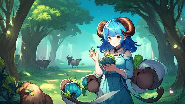 Two Girl goat horns, blue hair, clearing in forest, goat foot, cabbage in hand