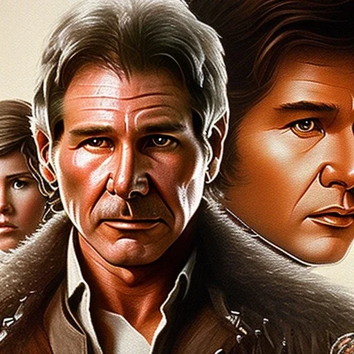 stunning photo realistic detailed head to waist portrait of harrison ford as han solo in star wars with photo realistic short hair, brown eyes, professional painting by drew struzan, trending on artstation, Sharp focus, weathered skin,space jacket from star wars