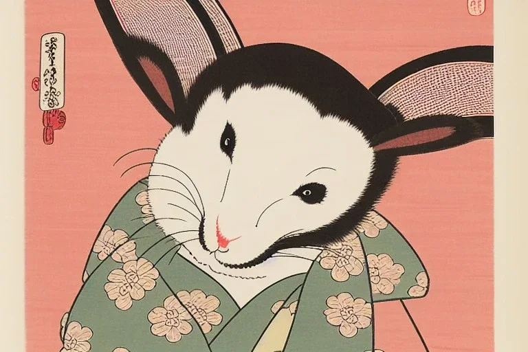 ukiyo-e style print of a white rabbit with a human body wearing a soft pink yukata and walking by the sea