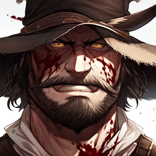 Clear focus, High resolution, max detail, Portrait, bearded, Gunslinger, Cowboy, cowboy hat, serious face, Blood Splatter
