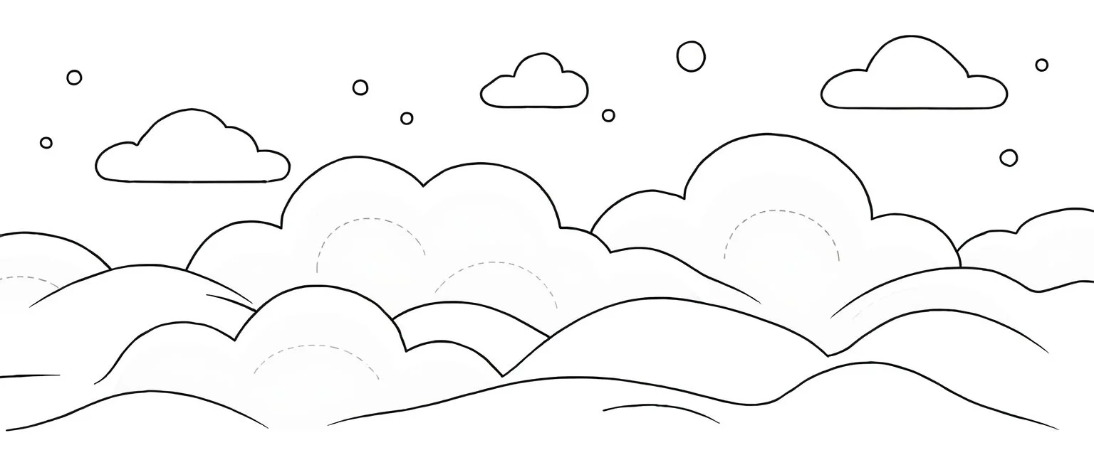 a series spaced curved and looping horizontal lines with paths inspired by clouds, cloud topography, whimsical cute, kawaii, black lines on white, vector lines
