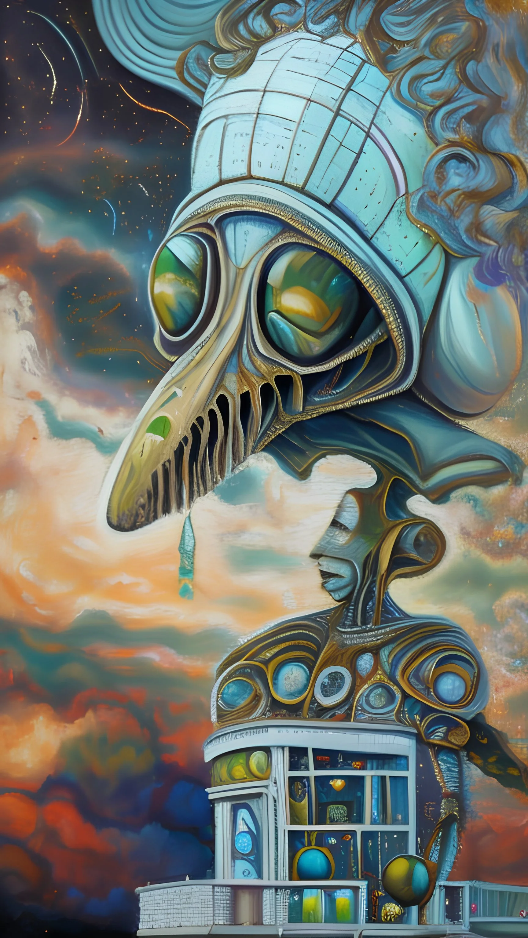 oil painting, Believing the strangest things, loving the alien And your prayers they break the sky in two