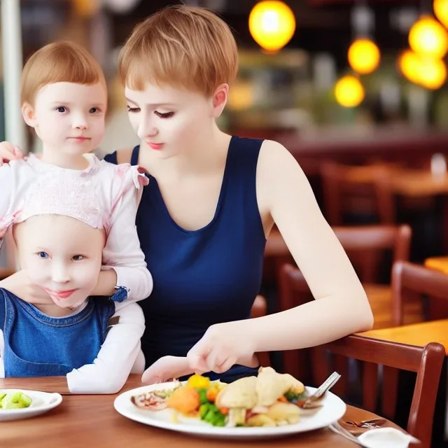 Realistic photo Russian shorthair beautiful 20-years tomboy boyish boylike young wife wide hips in restaurant with little daughter