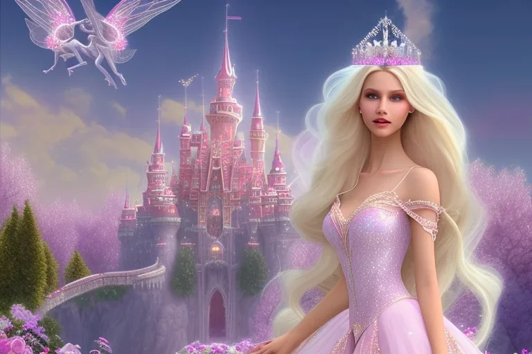 castle in background, beautiful, soft, big smiling, straight and long blonde hair, dewy and shiny atmosphere, diamond crown, long fairy wings in the back, full head, pink veil clothes