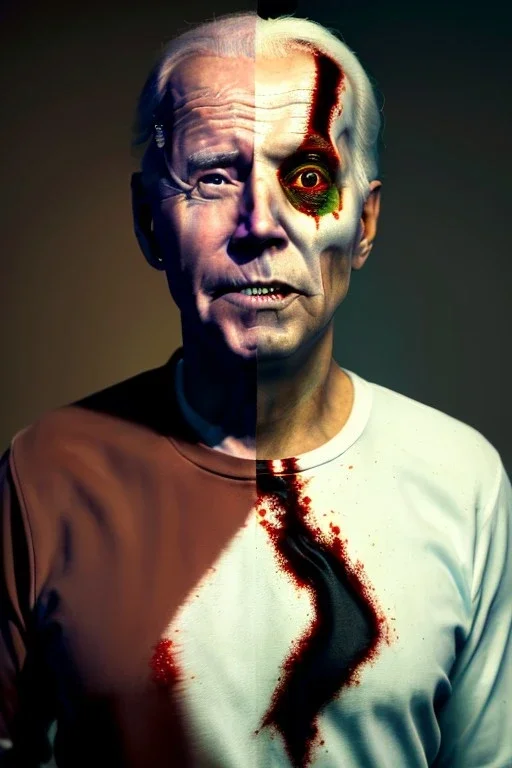 Ultra realistic image, joe biden zombie, zombie performance, skull, green blood, torn arm, night, smooth color, waist up view, thriller style, dark ambient, highly detailed, White House background, concept art, unreal engine 5, god rays, ray tracing, RTX, lumen lighting, ultra detail, volumetric lighting, 3d, finely drawn, high definition, high resolution.