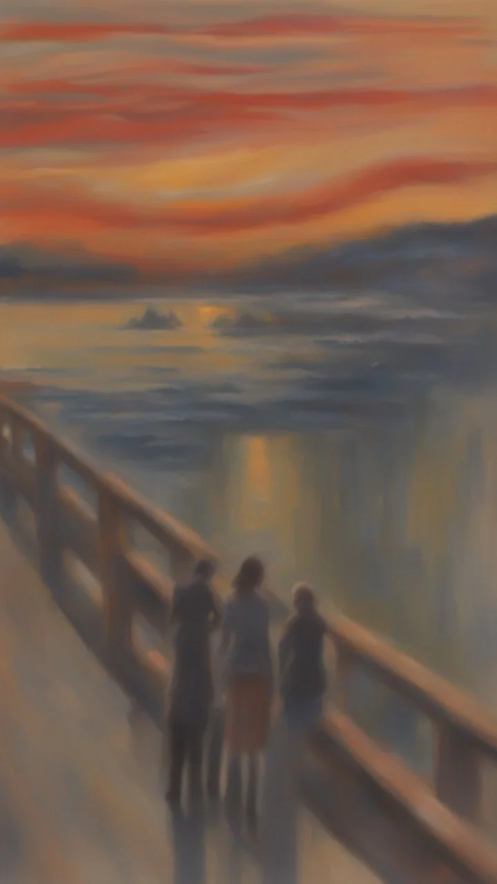 portrait on a bridge at sunset, a more intense "scream" that looks like the original painting by Edvard Munch, bokeh like, down-light, unreal engine, prize winning