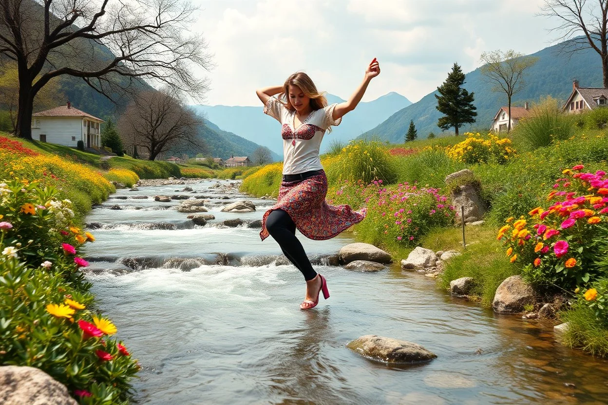 country side over high heels in spring wind slowly moves color full flowers,clean water fall and narrow river with waves and pretty rocks in floor ,some trees and houses ,and mountains at distant,a very beautiful Turkish lady wearing tight pants and blouse salsa dancing , full body shot
