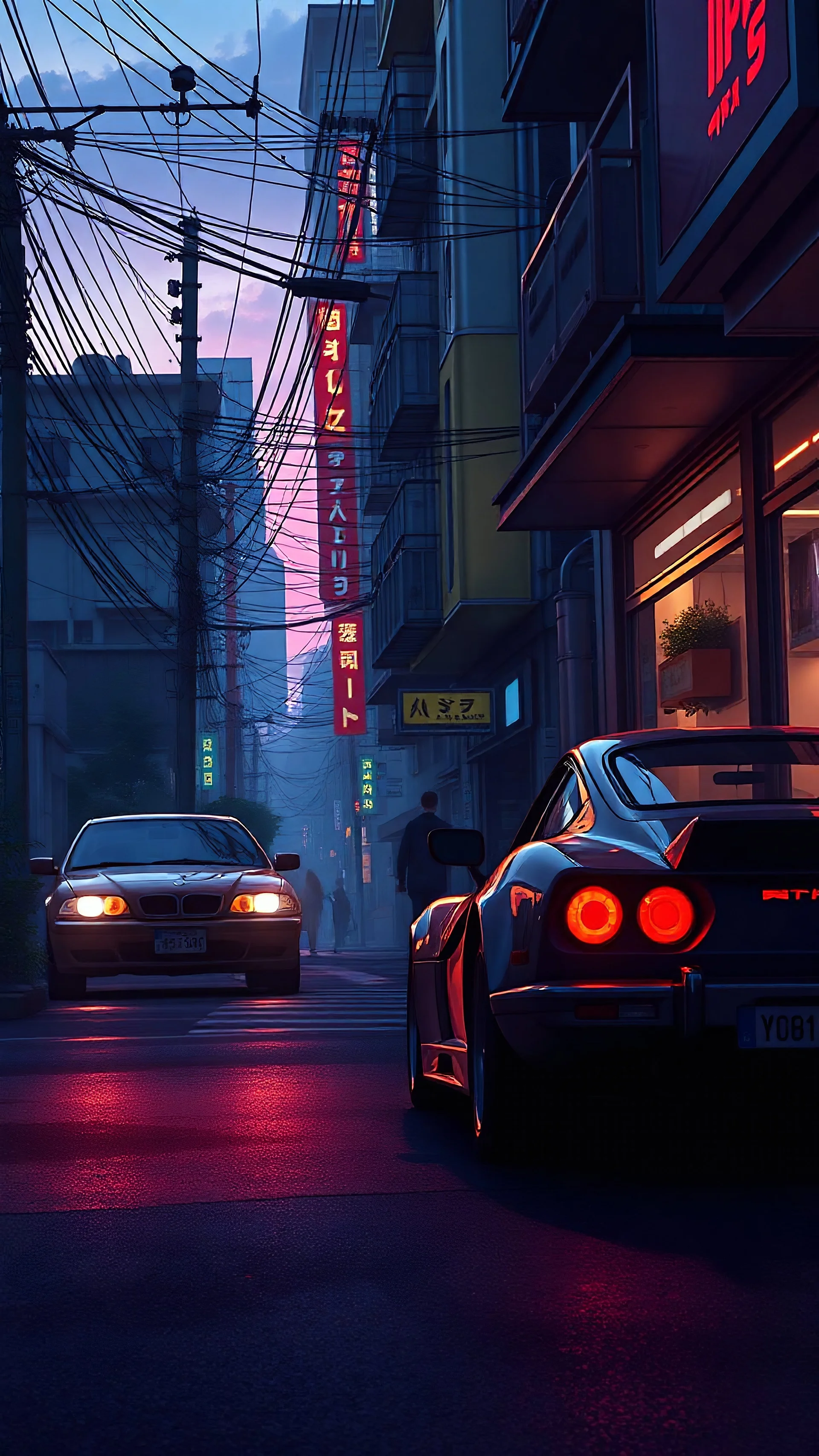 anime style, morning, cyberpunk street, porche car, cinematic view