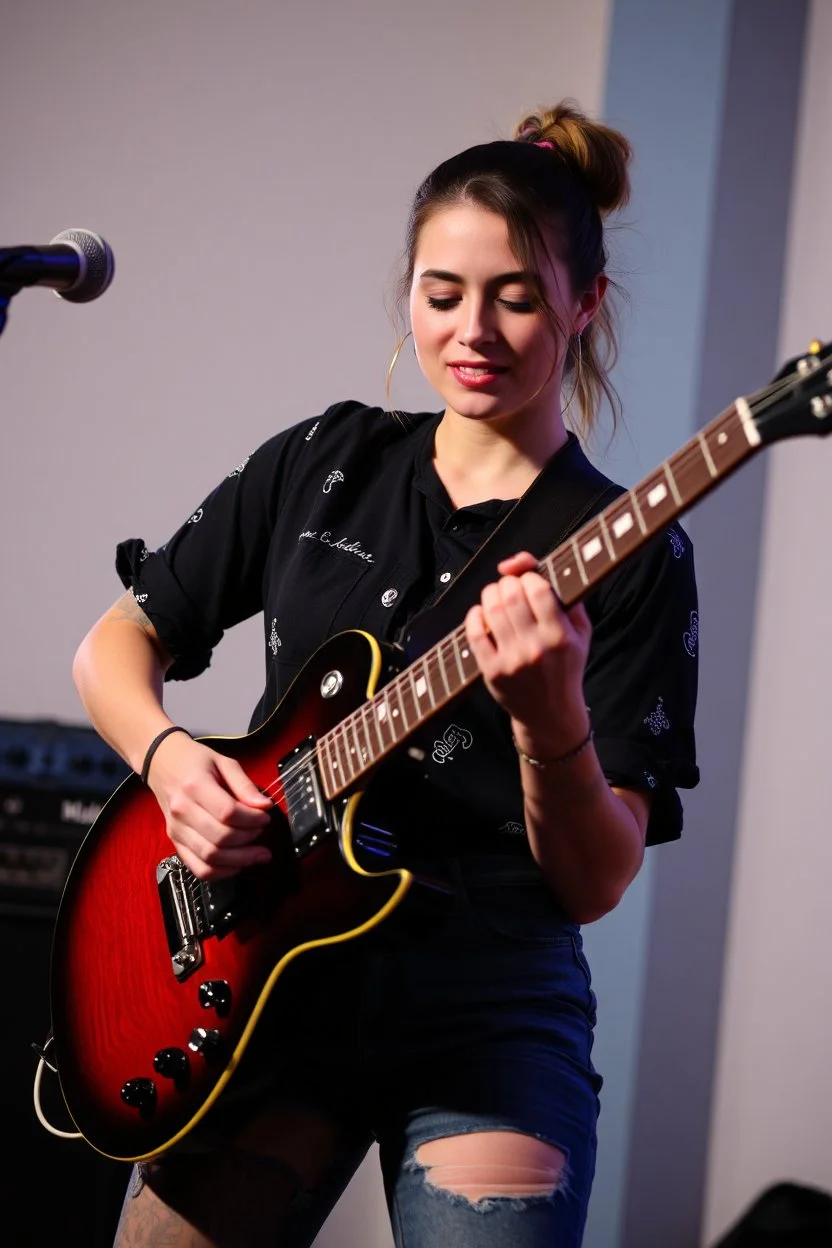 attractive woman playing an electric guitar