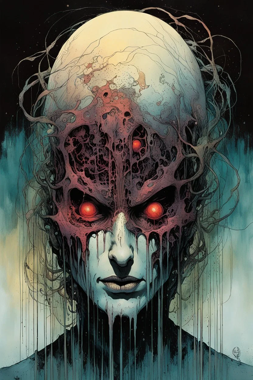 a surreal full body portrait of the inner workings of her disturbed mind as a nightmarish charnel house of screaming pain , in the comic book style of , Bill Sienkiewicz, , Alex Pardee , and Jean Giraud Moebius, muted natural color, sharp focus, ethereal , dark and foreboding