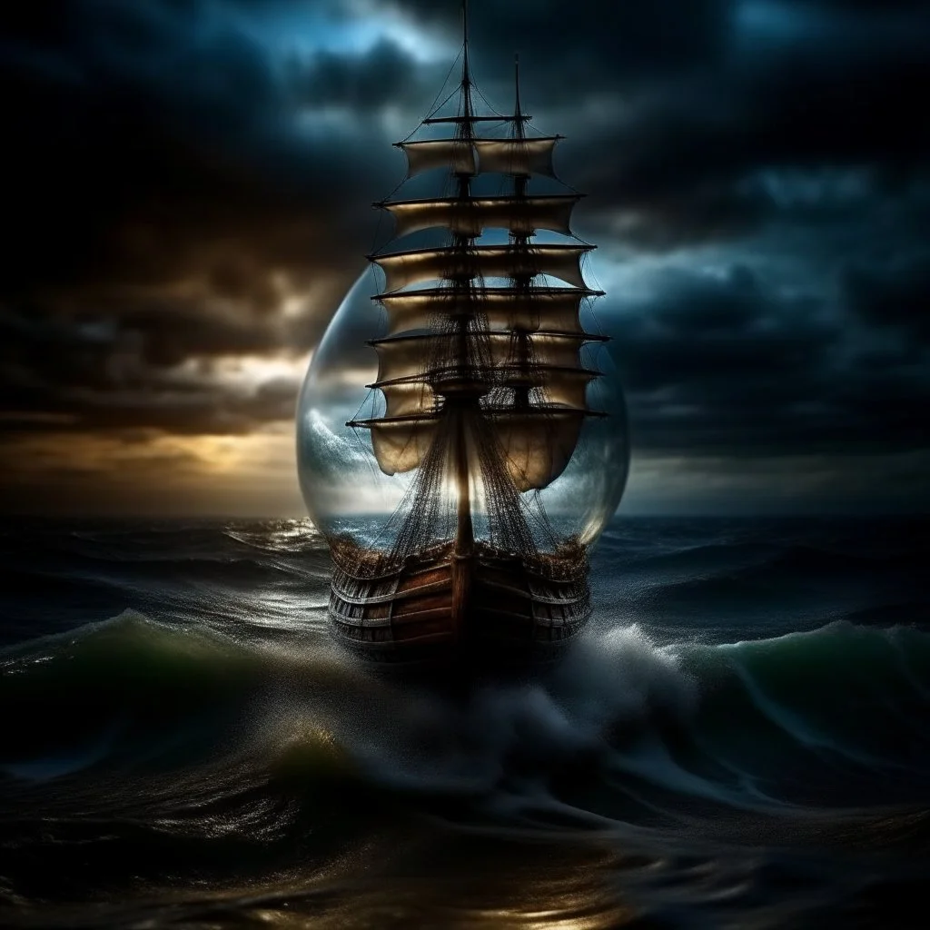 view of turbulent swells of a violent ocean storm, inside a glass bottle on the beach ม dramatic thunderous sky at dusk at center a closeup of large tall pirate ship with sails, breaking light