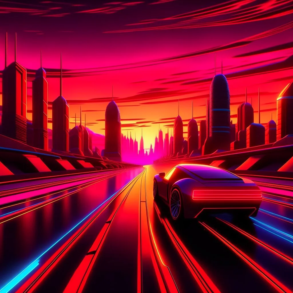 A cinematic photo of Sunset Drive, bathed in warm, neon-lit hues, evoking the nostalgia of Retrowave and 8Bit eras, with bold, geometric shapes and vibrant, electric colors, set against a backdrop of a fiery, synth-heavy sunset, with sleek, futuristic cars speeding by, leaving trails of light, amidst a futuristic cityscape, infused with a sense of retro-futurism, and a hint of digital glitch, with bold, contrasting highlights and deep, rich shadows, capturing the essence of Synthwave's retro-uto