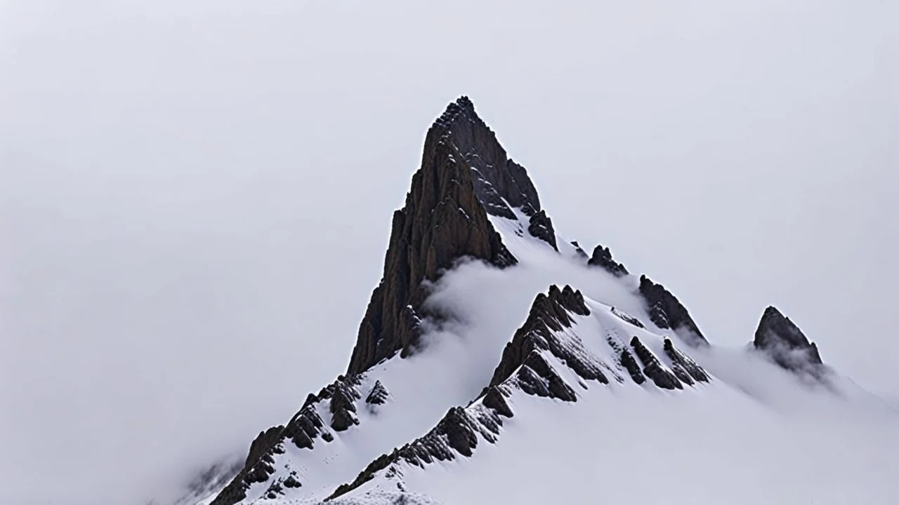 looking up at a single sharp narrow mountain, the peak covered by clouds and fog.