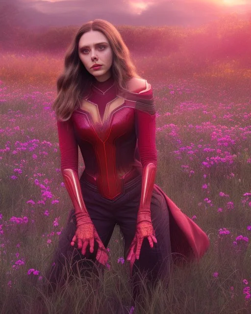 Feiticeira escarlate, Elizabeth Olsen, feiticeira, magia, rosto detalhado belo, bonita, cenário em um campo de flores, cinematográfico, dramático, por do sol, campo de flores, cores frias