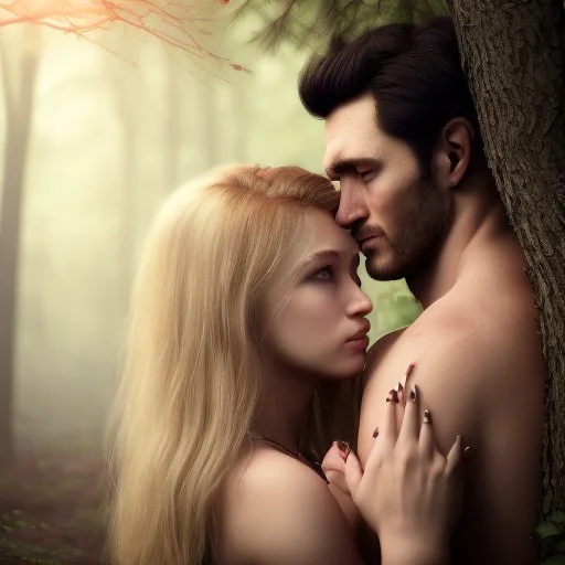 A photo realistic portrait of a beautiful scared blonde girl and a handsome muscular dark haired man in a lovers embrace standing in a forrest