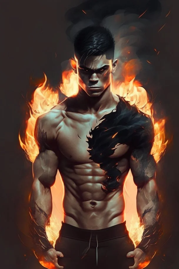 Boy with muscle and black clothes and power fire