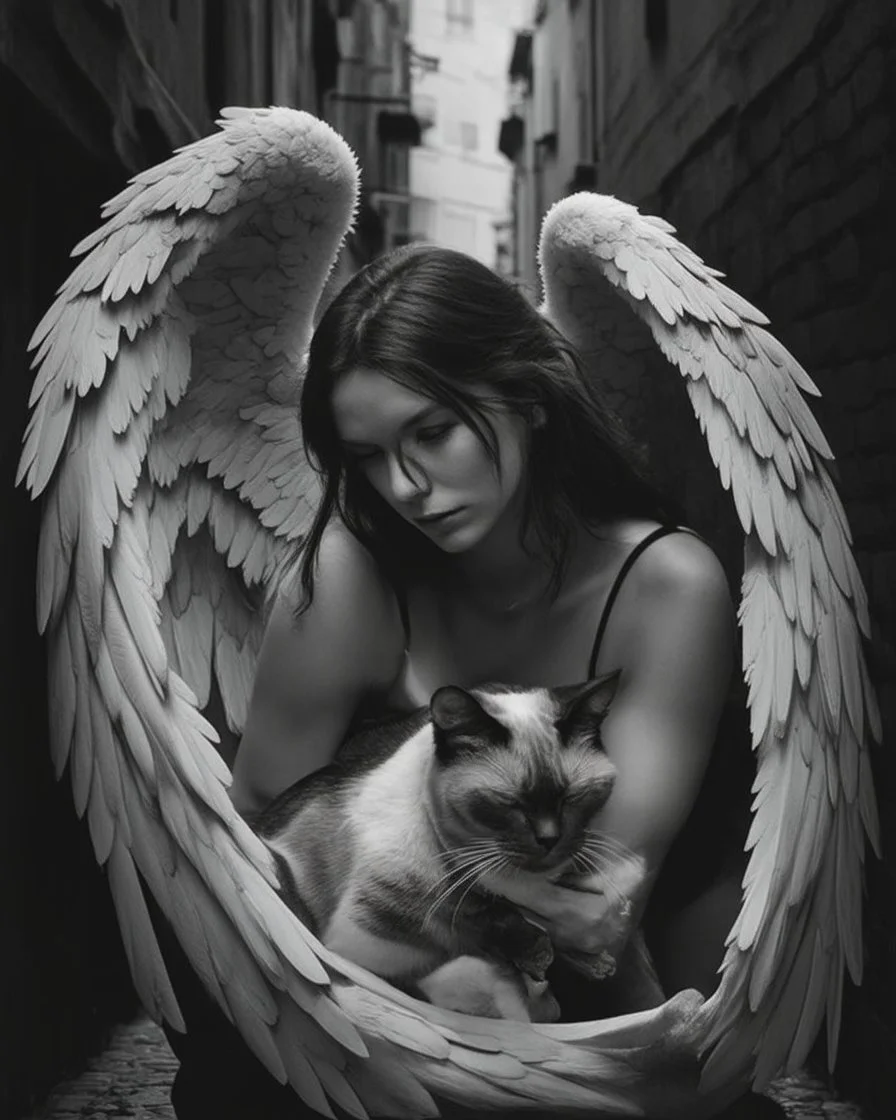 Prompt: An closeup portrait of a ultra-realistic black-and-white cinematic photograph with dramatic chiaroscuro lighting and a soft depth-of-field, inspired by fine art street photography. A guardian-like angelic woman with large, detailed wings crouches protectively in a narrow cobblestone alley, gently holding a sleeping Oriental Shorthair Siamese chocolate point cat in a clearly protective and caring posture, conveying safety, warmth, and compassion. The alley is enclosed by tall urban buildi