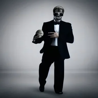 man in black holding a skull in one hand surreal