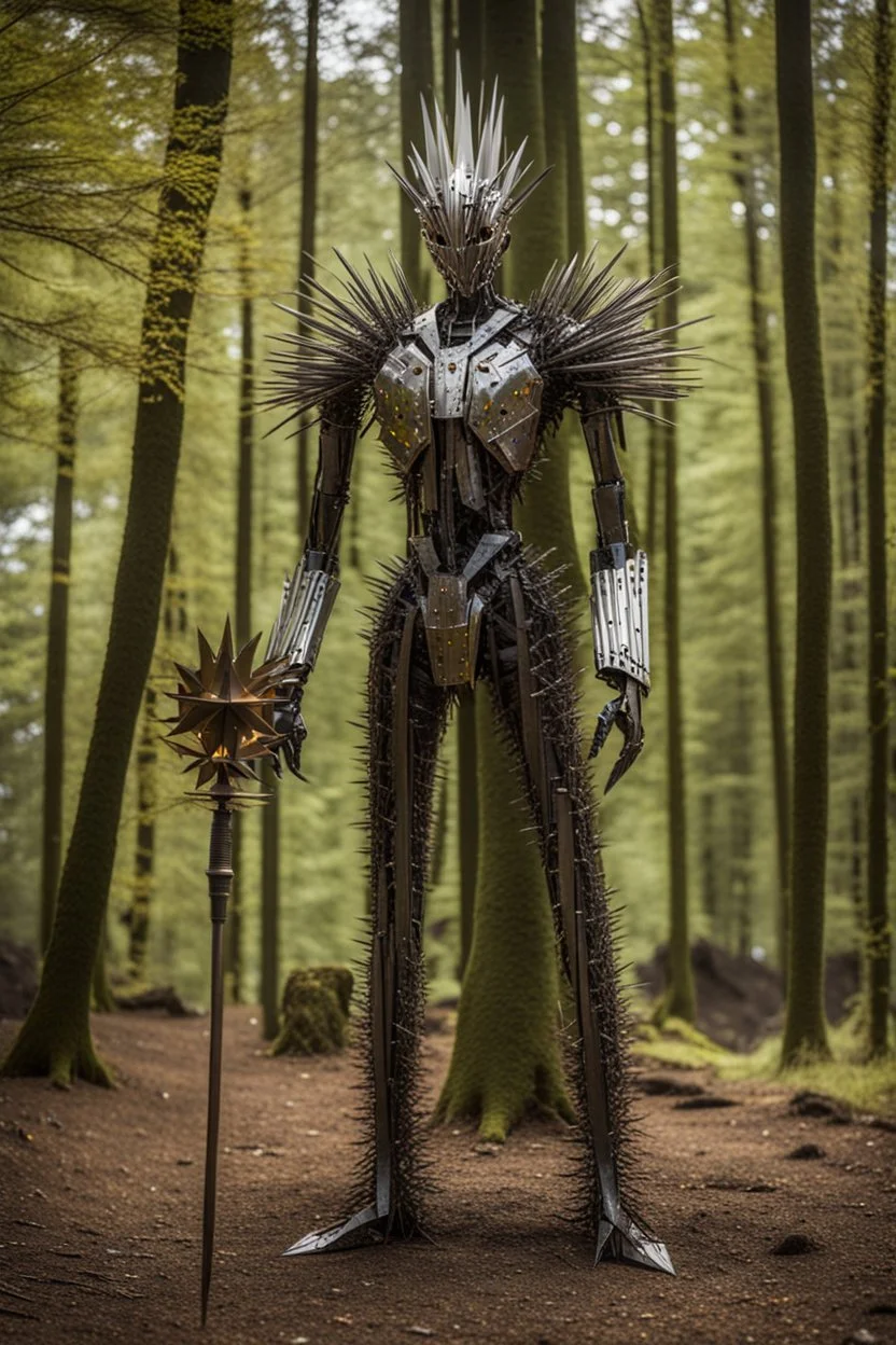 A humanoid being made entirely of sharpened metal blades and spikes stands before a mechanical tree. Photograph.
