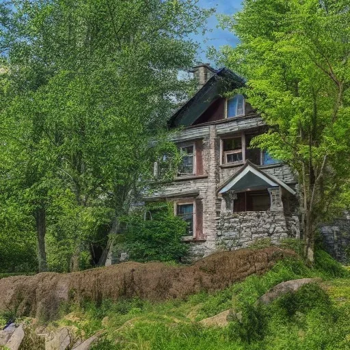 a house with trees and waterfal