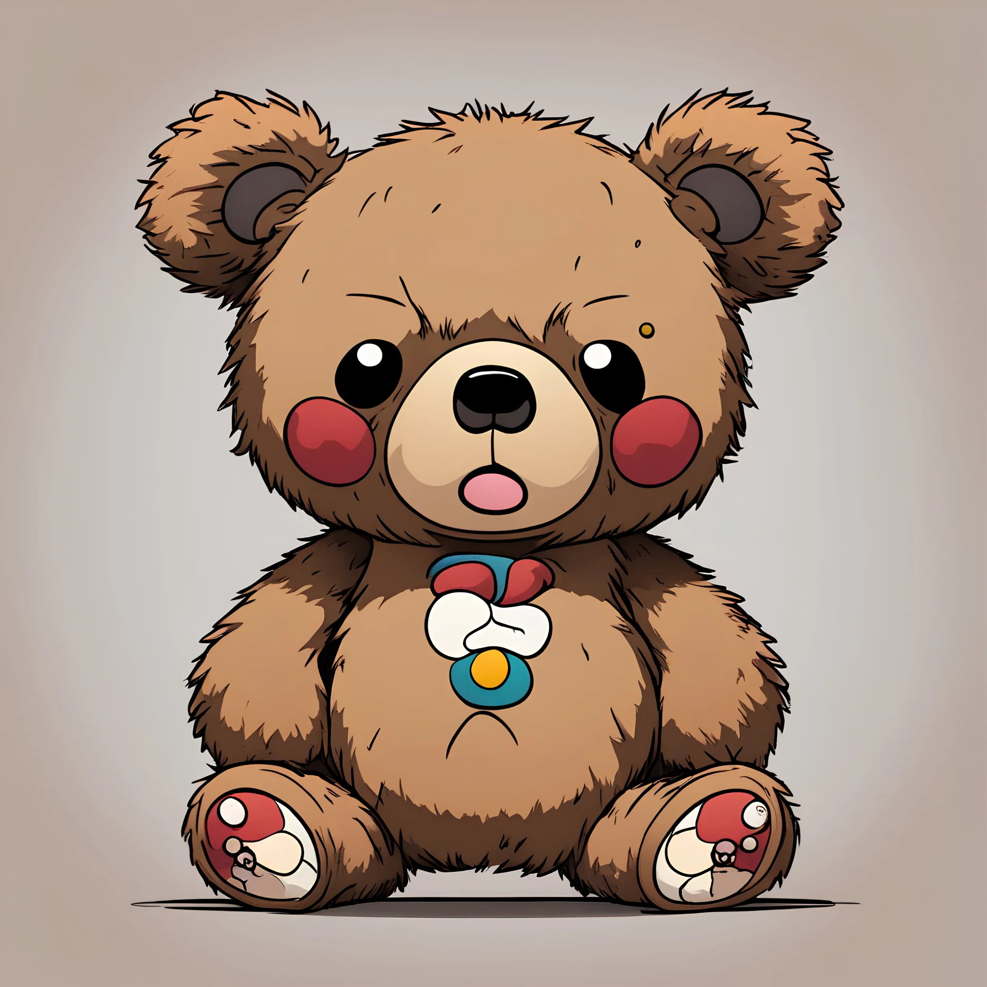 A light-brown teddy bear with a very angry expression upon it's face in takashi murakami art style