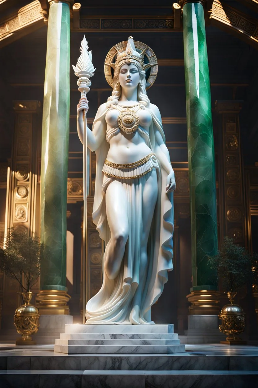 highly detailed marble and jade statue on a plint of the roman goddess of the sun. beautiful face. full body shot, volumetric fog, Hyperrealism, breathtaking, ultra realistic, unreal engine, ultra detailed, cyber background, Hyperrealism, cinematic lighting, highly detailed, breathtaking, stunning temple environment