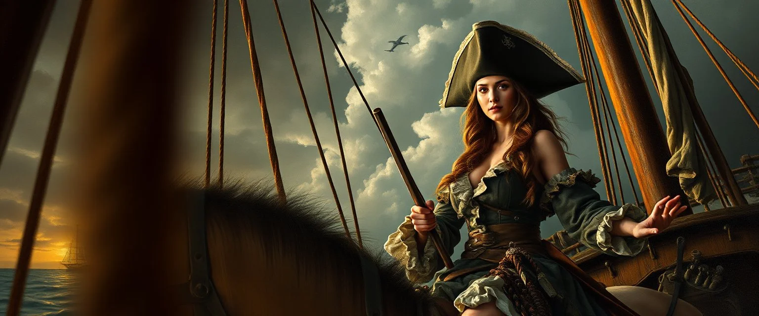 pin hole cam, master oil painting by Rembrandt, good afternoon bitch scary hot seductive pirateress merchant rat swashbuckler on stallion on ship